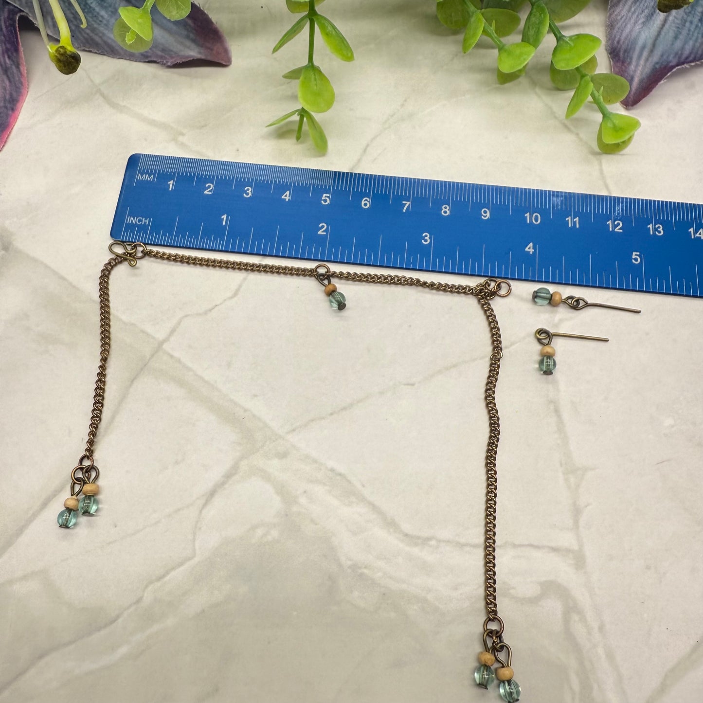 Blue Green Beige Beaded Dangle Doll Necklace Earring Set • 16 Inch Doll Jewelry