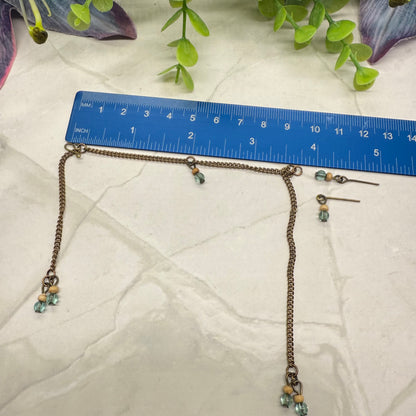 Blue Green Beige Beaded Dangle Doll Necklace Earring Set • 16 Inch Doll Jewelry