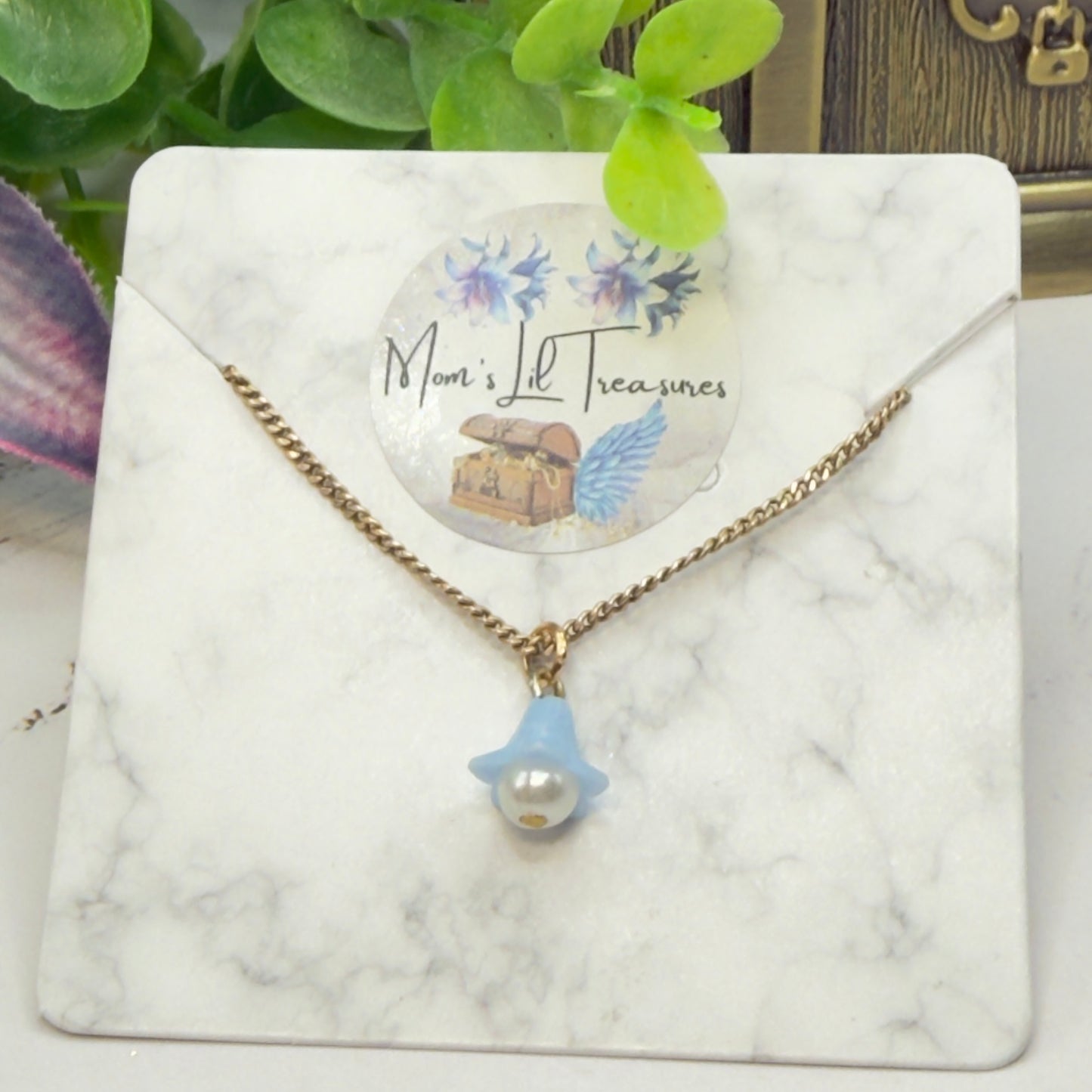 Blue Bell Flower Pearl Center Charm Gold Chain Doll Necklace • 14 Inch Fashion Doll Jewelry