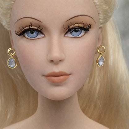 Round Blue Crystal Gold Dangle Doll Earrings •  16” Doll Jewelry