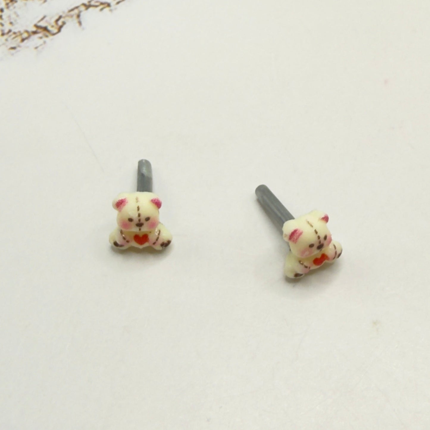 Teddy Bear w/ Red Heart & Stitch Pattern Post Doll Earrings • 2mm Post for 18 Inch Fashion Doll