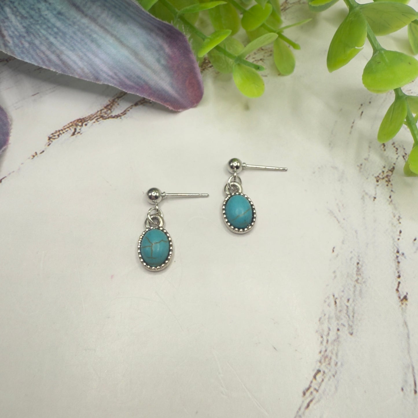 Oval Turquoise Dangle Silver Post Doll Earrings • 18 Inch Fashion Doll Jewelry