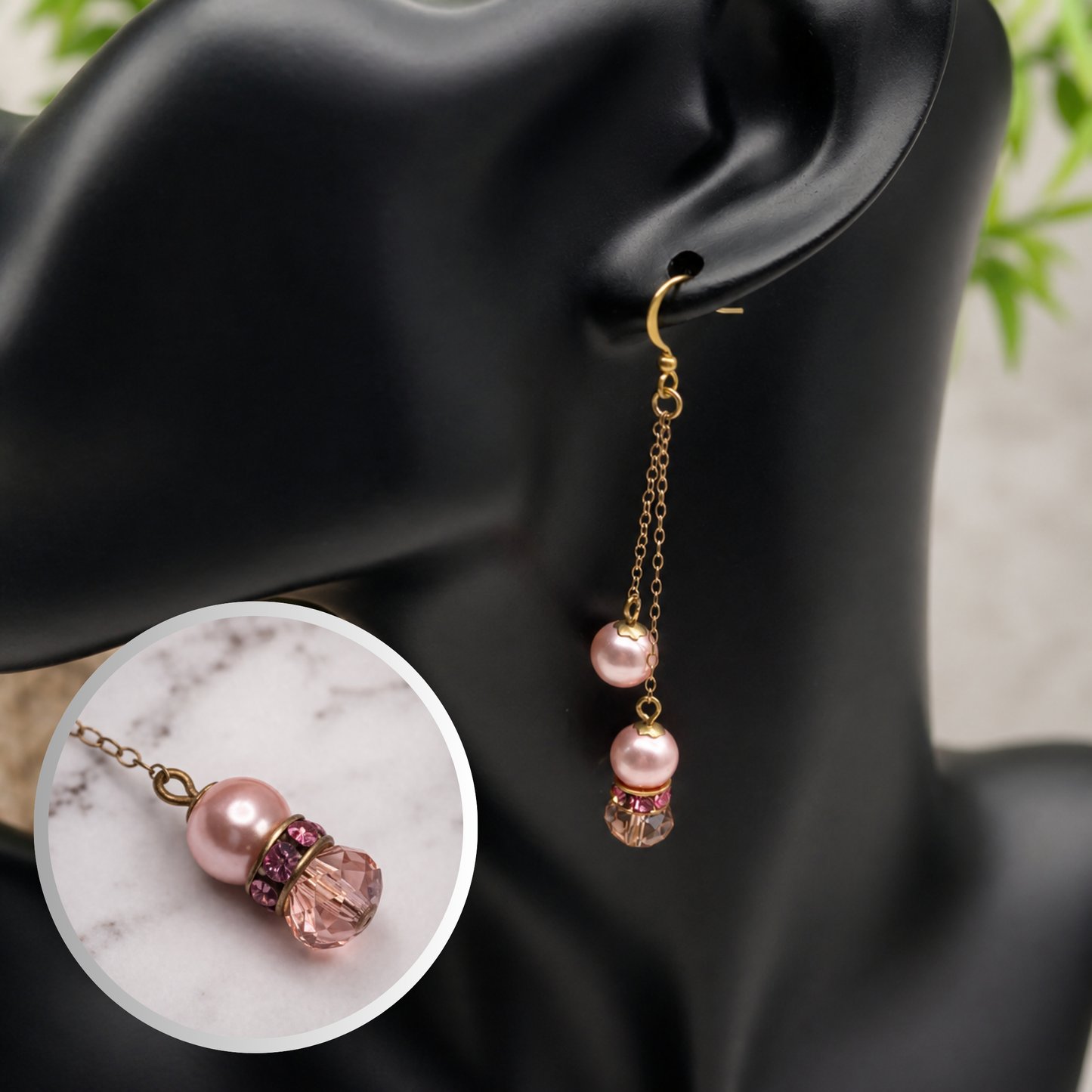 Pink Glass Crystal Pearl Rhinestone Gold Tone Chain • Handmade Dangle Earrings