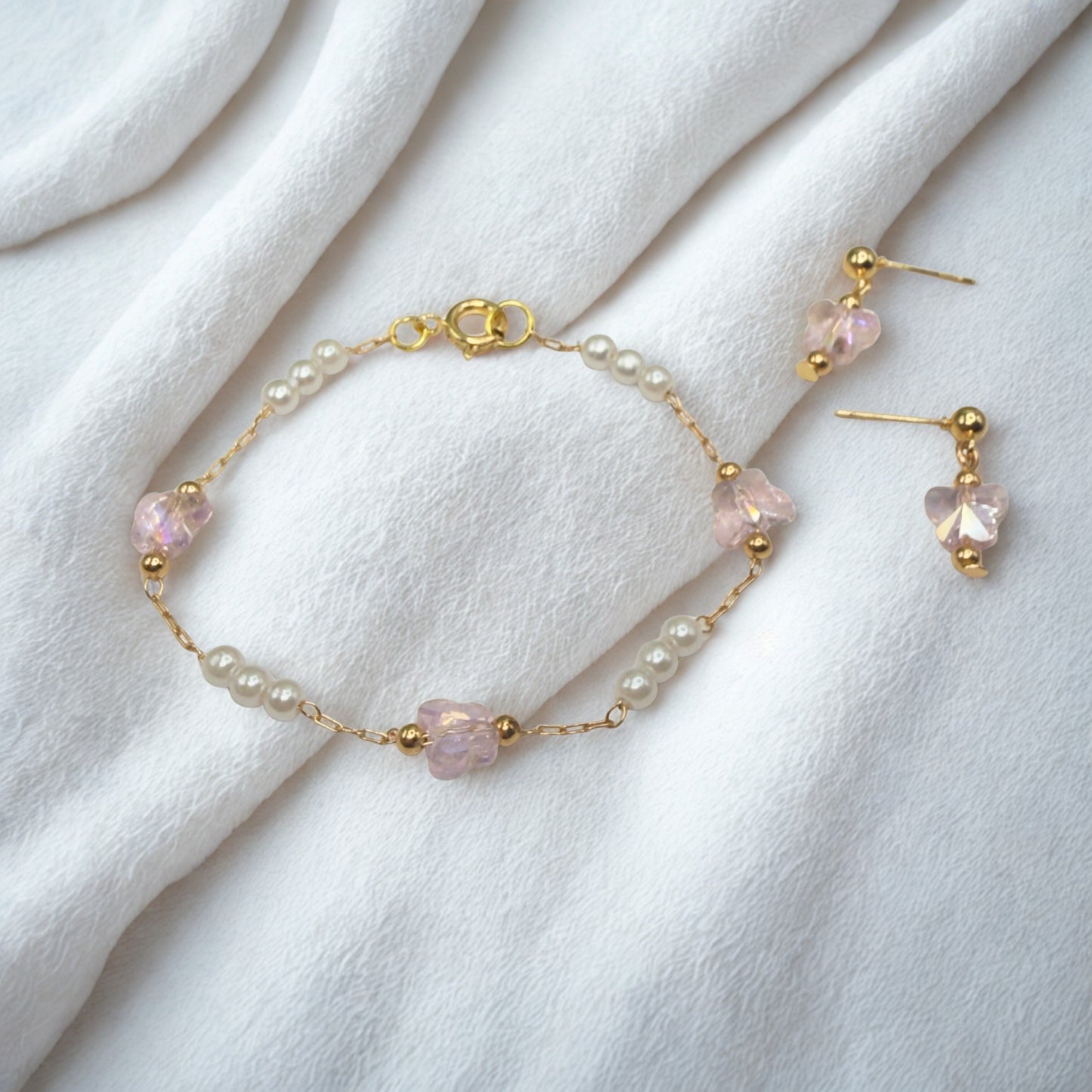 Light Pink Acrylic Crystal & Pearl Beaded Doll Necklace and Earrings Set • 18 Inch Fashion Doll Jewelry
