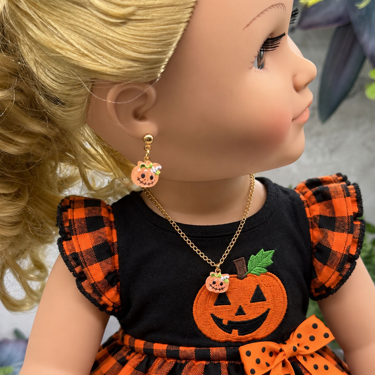 Halloween Pumpkin Necklace and Earrings Set | for 18 Inch Fashion Doll