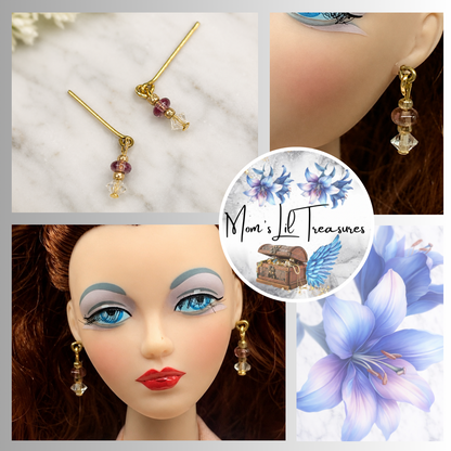 Purple Clear Glass Beaded Dangle Doll Earrings • 16 Inch Fashion Doll Jewelry
