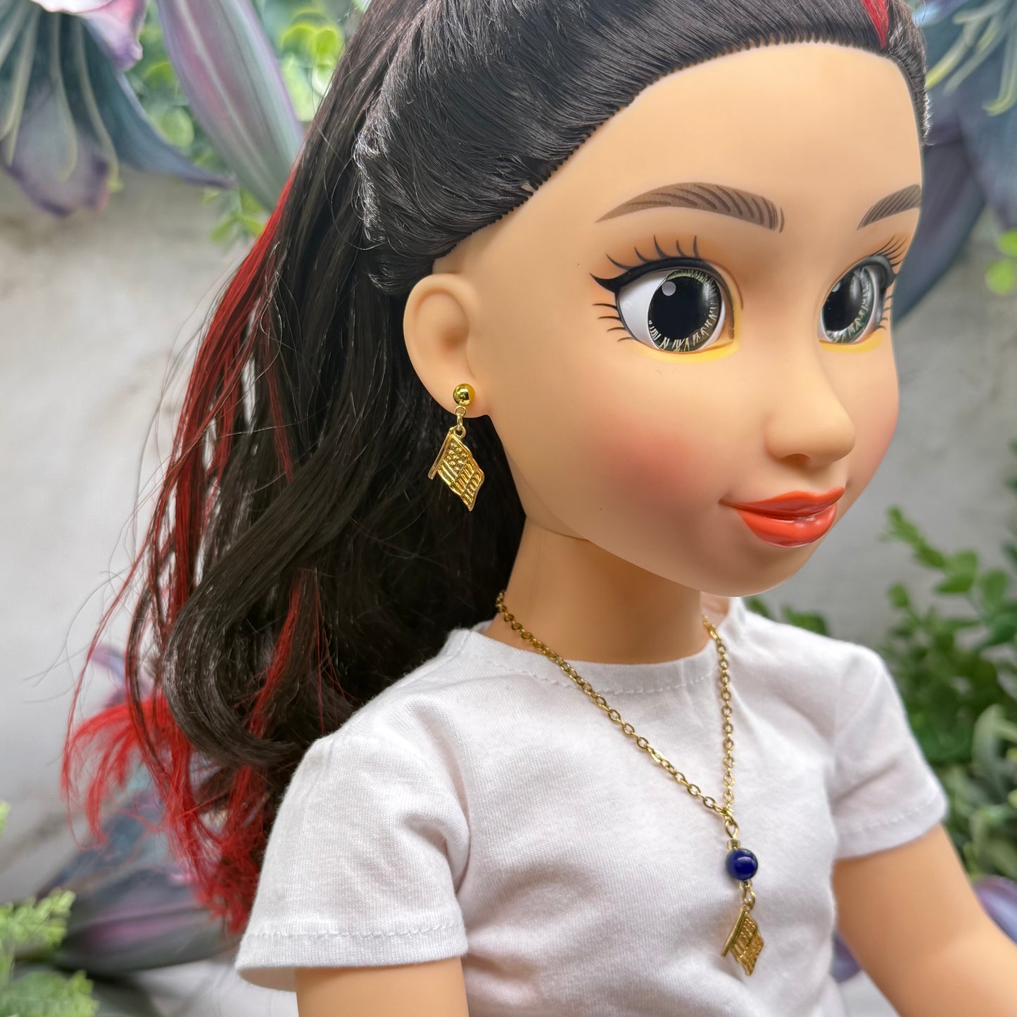 Blue Bead Gold Flag Dangle Doll Necklace & Earrings Set for 18 Inch Fashion Doll