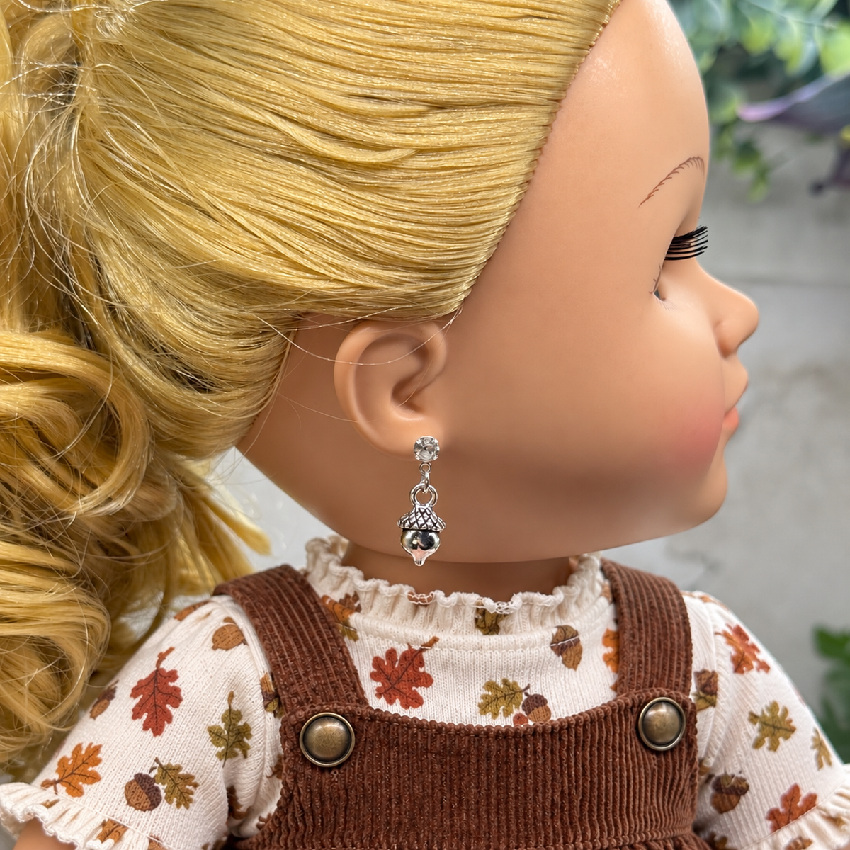 Silver Acorn Autumn Dangle Rhinestone Post Doll Earrings | for 18 Inch Fashion Dolls