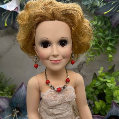 Candy Apple Red Pearl & Silver Doll Necklace & Earrings Set • 18 Inch Doll Jewelry
