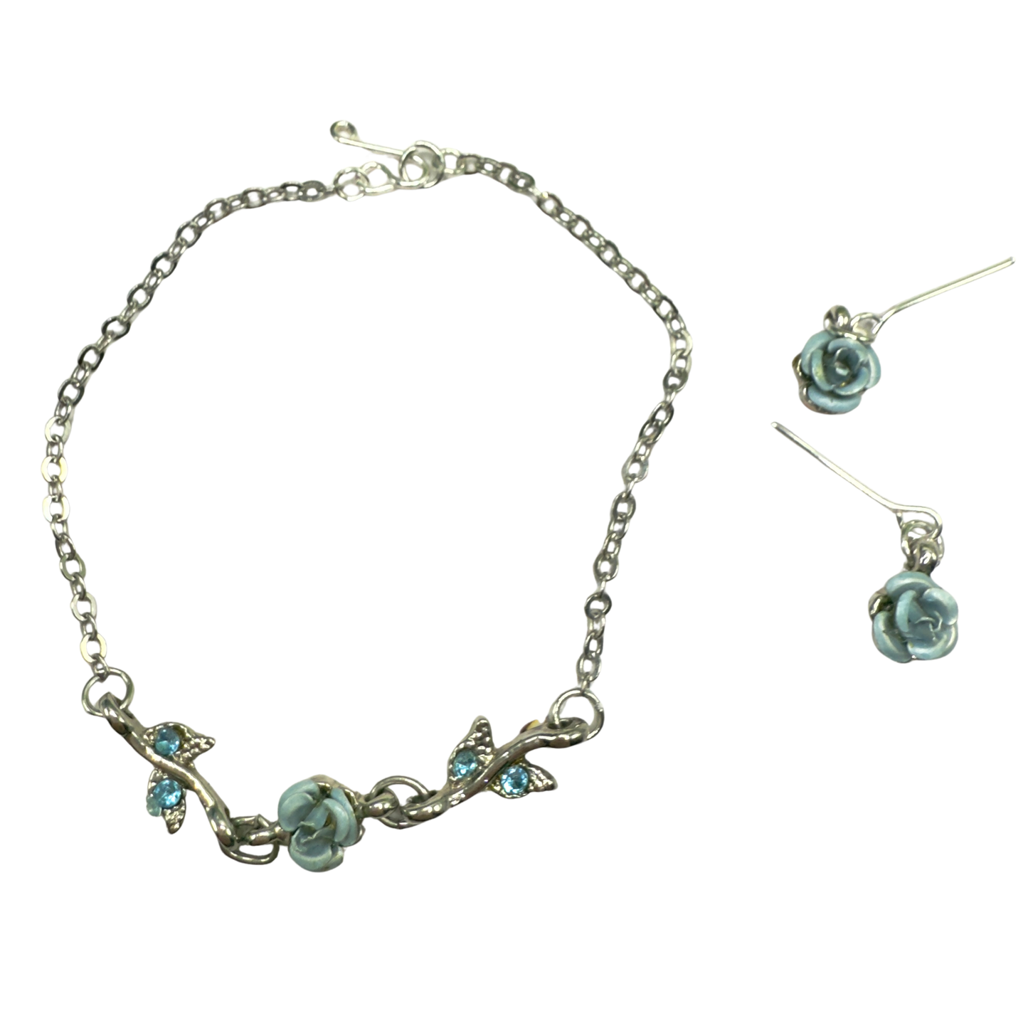 Light Blue Rose Enamel Rhinestone Silver Doll Necklace & Earrings Set • 18 Inch Fashion Doll Jewelry