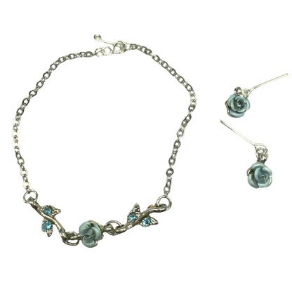 Light Blue Rose Enamel Rhinestone Silver Doll Necklace & Earrings Set • 18 Inch Fashion Doll Jewelry