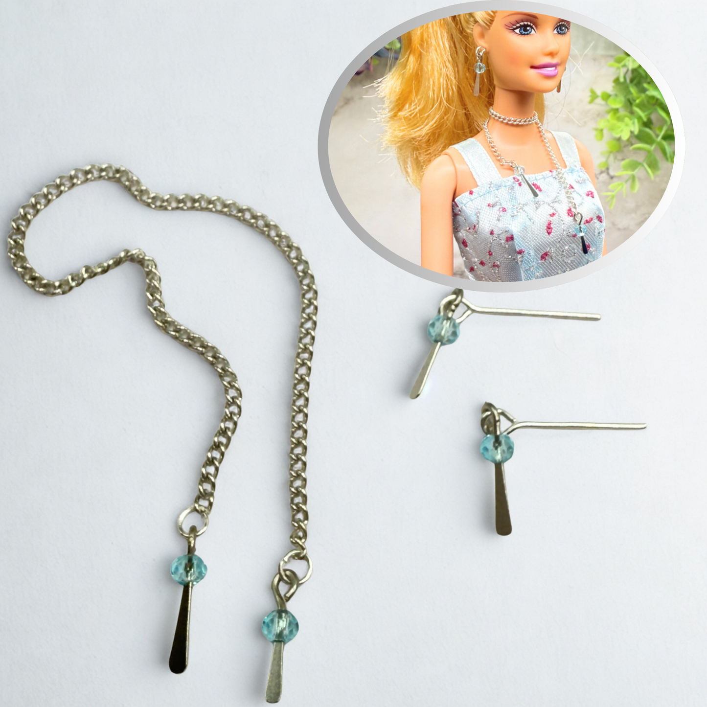 Light Blue Crystal Silver Dangle Wrap Layer Style Doll Necklace / Belt & Earrings • 10-12 Inch Fashion Doll Jewelry 1:6