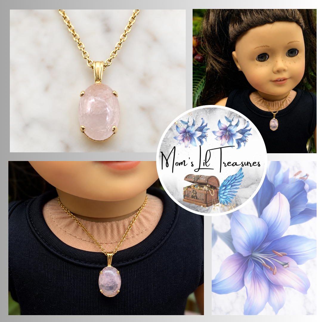 Oval Opal Light Pink Glass Pendant Gold Chain Doll Necklace • 18” Doll Jewelry