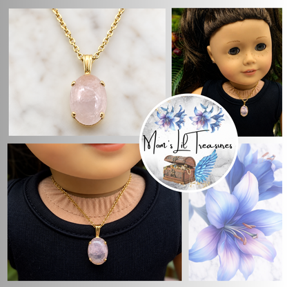 Oval Opal Light Pink Glass Pendant Gold Chain Doll Necklace • 18” Doll Jewelry