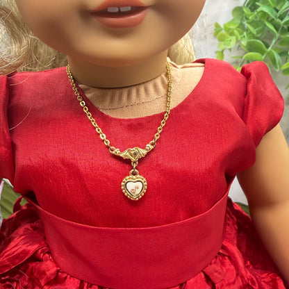 Gold Chain Enamel Rose Design Heart Pendant Doll Necklace • 18 Inch Fashion Doll Jewelry