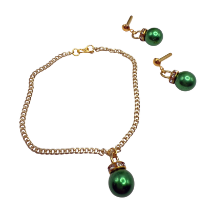 Green Christmas Ball Ornament Charm Doll Necklace & Dangle Doll Earrings • 2mm Post for 18 Inch Fashion Doll