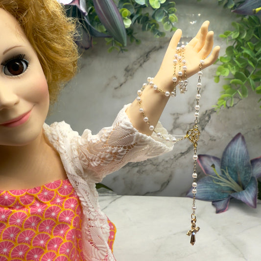 Pearl Beaded Gold Cross Catholic Rosary Doll Size 18-22” Fashion or Vintage Doll