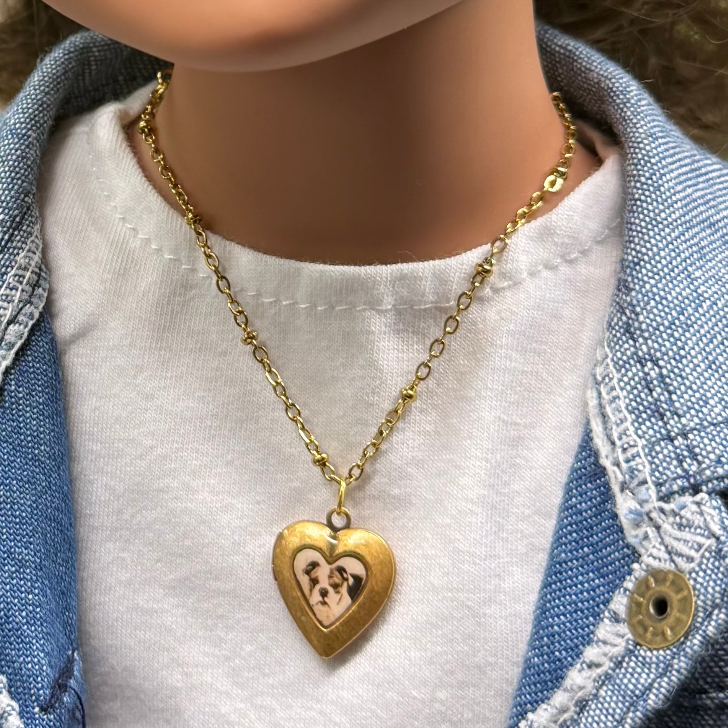 Dog Bulldog Puppy Photo Heart Locket Doll Necklace • 18 Inch Fashion Doll Jewelry