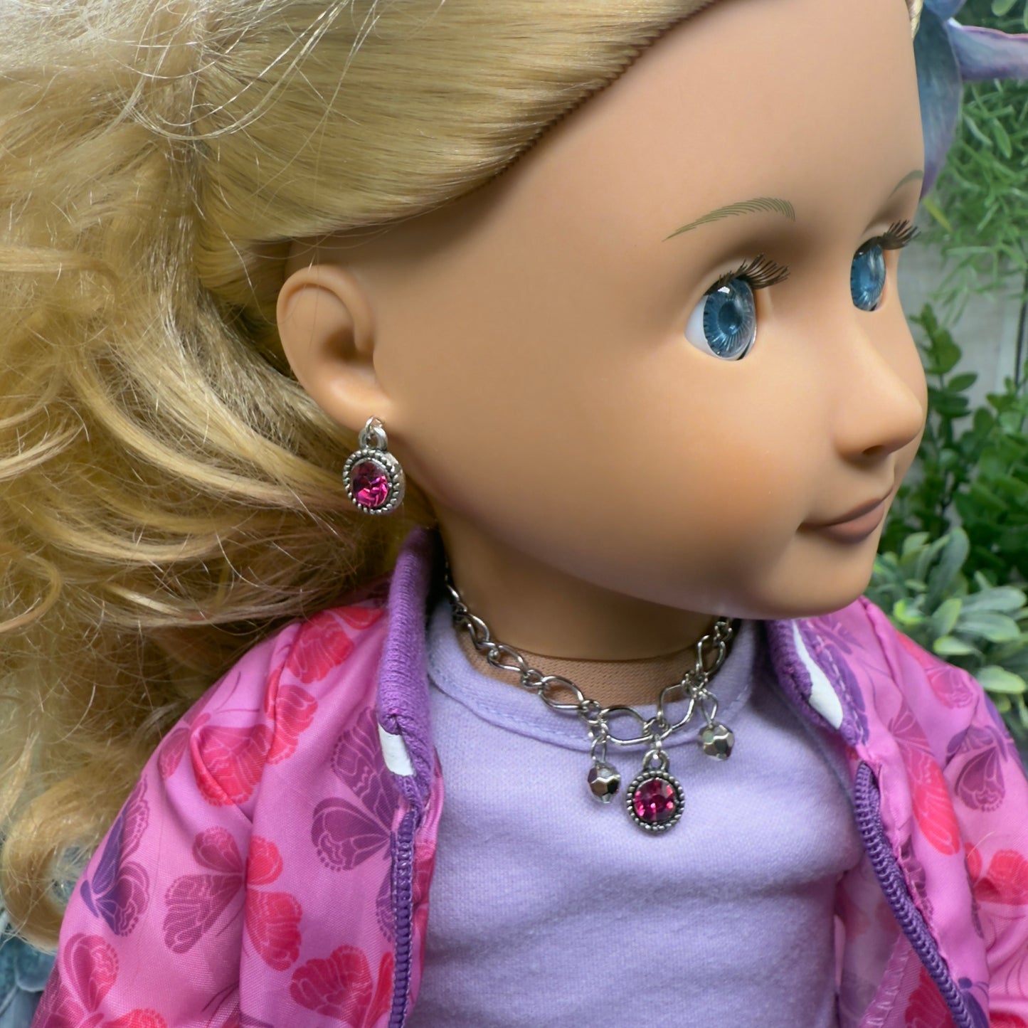 Dark Pink Rhinestone Large Silver Link Necklace & Earrings Set • 18 Inch Fashion Doll Jewelry