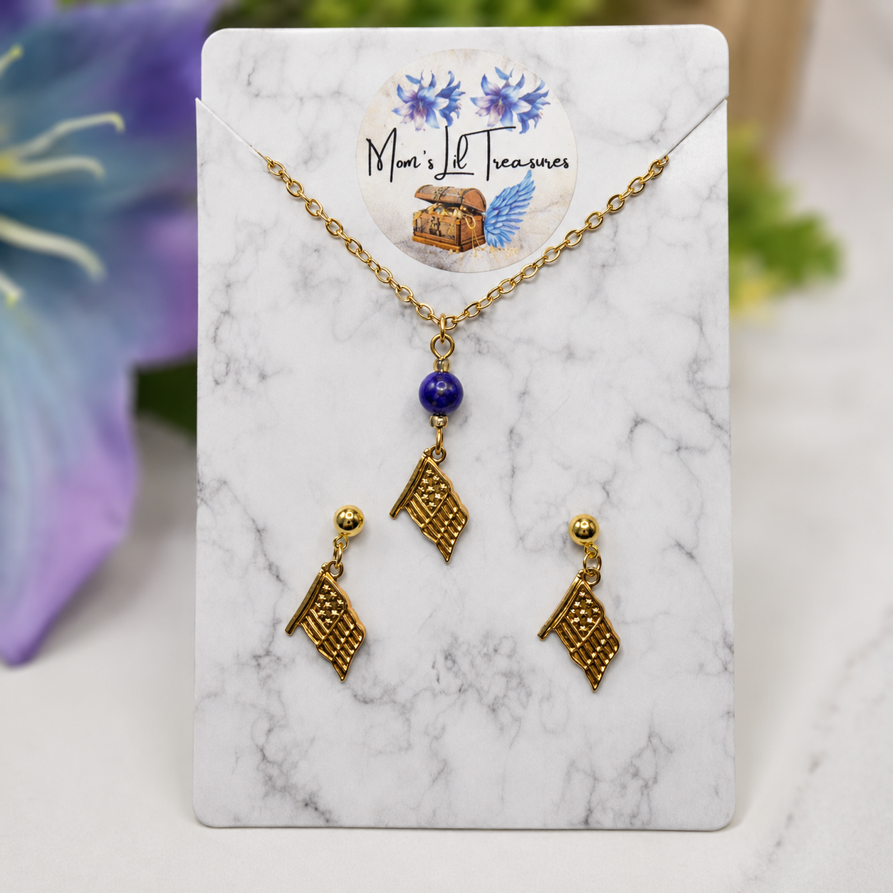 Blue Bead Gold Flag Dangle Doll Necklace & Earrings Set for 18 Inch Fashion Doll