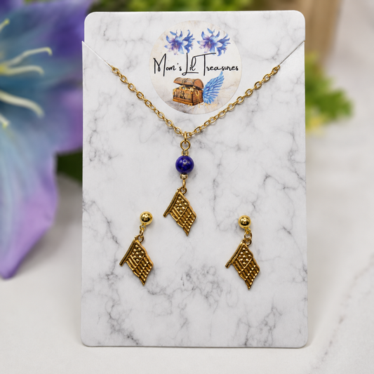 Blue Bead Gold Flag Dangle Doll Necklace & Earrings Set for 18 Inch Fashion Doll