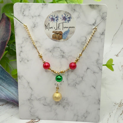 Red Green Christmas Pearl Bead Gold Chain Doll Necklace • 18 Inch Fashion Doll Jewelry