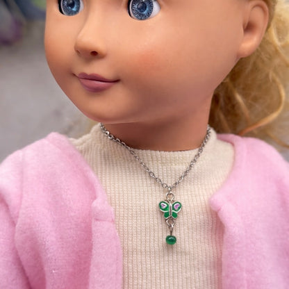 Green Pink Butterfly Charm Silver Chain Doll Necklace • 18 Inch Fashion Doll Jewelry