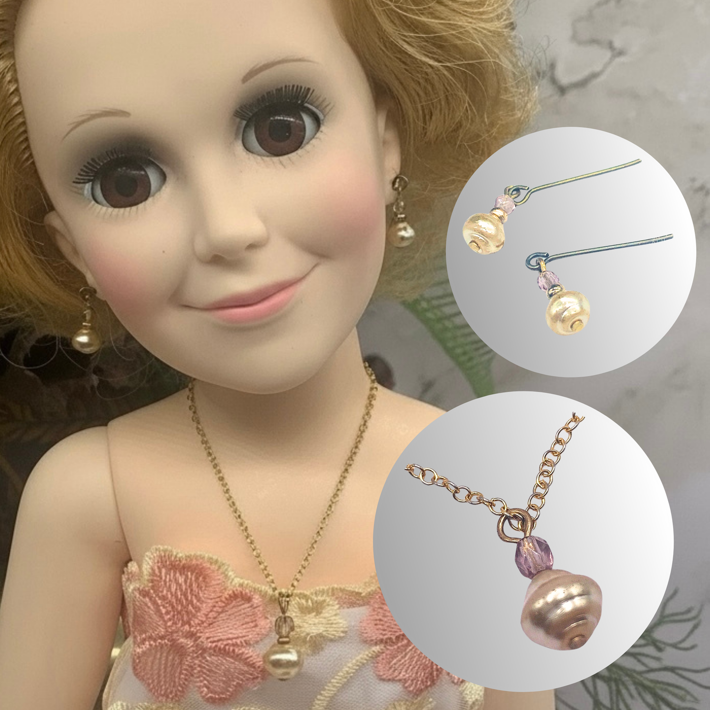 Pearl Pink Crystal Pendant Doll Necklace Earring Set for 18-22 Inch Vintage Doll