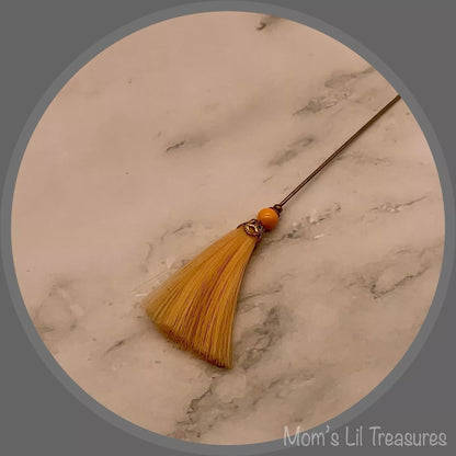 Peach Orange Fiber Tassel Broom Gold Tone Filigree • 7.25” Hatpin - Stick Pin
