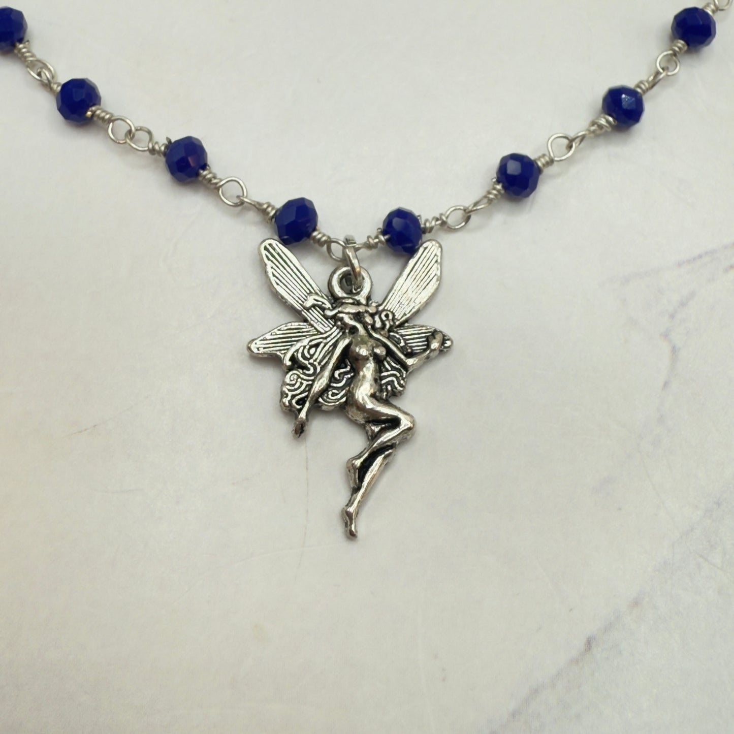 Silver-Tone Fairy Pendant Blue Glass Crystal Beaded Doll Necklace • 18 Inch Fashion Doll Jewelry