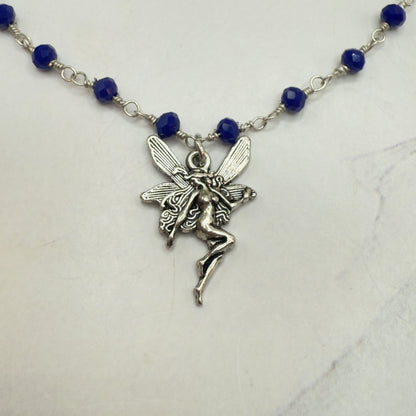 Silver-Tone Fairy Pendant Blue Glass Crystal Beaded Doll Necklace • 18 Inch Fashion Doll Jewelry