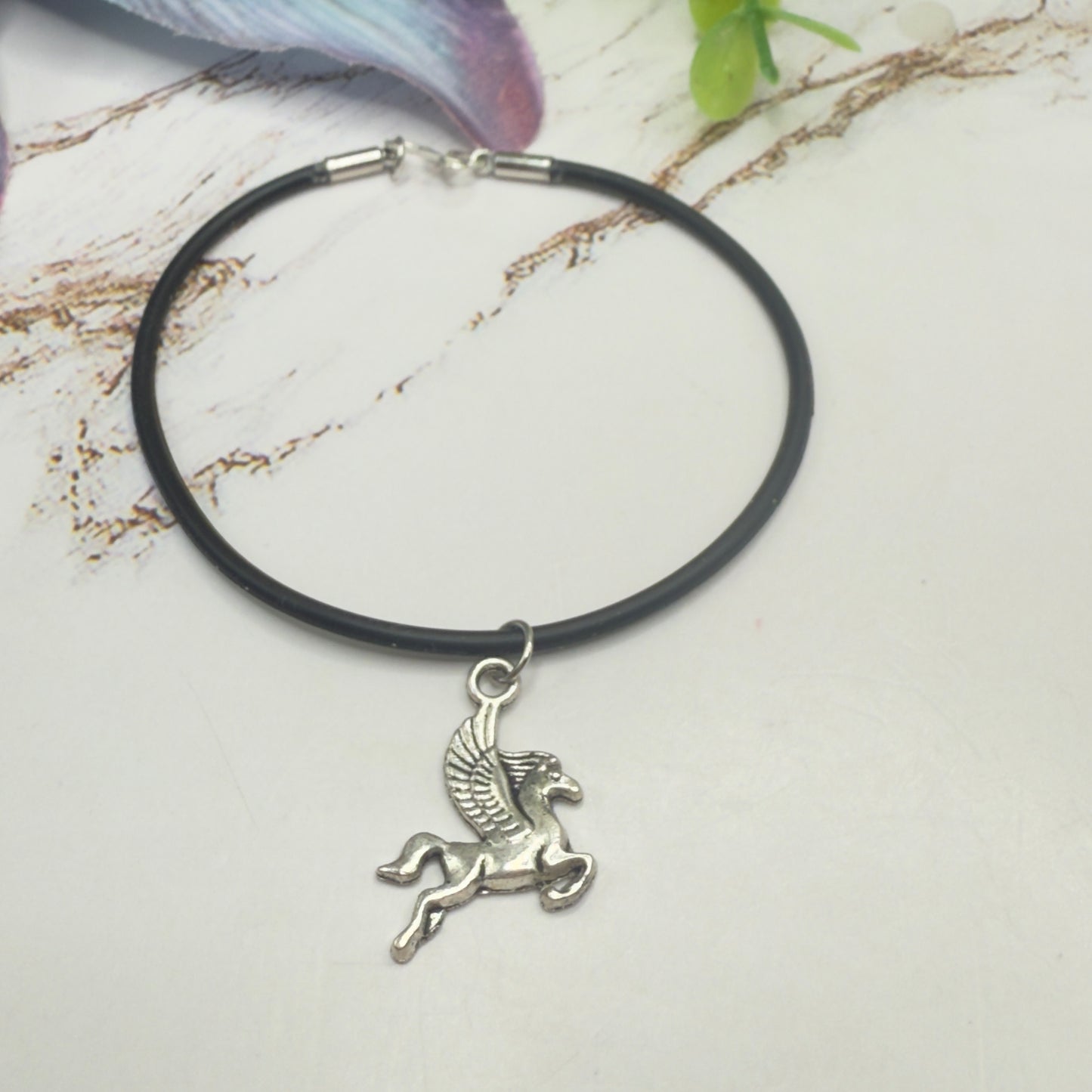 Silver Pegasus Charm Black Silicone Cord Necklace • 18 Inch Fashion Doll Jewelry
