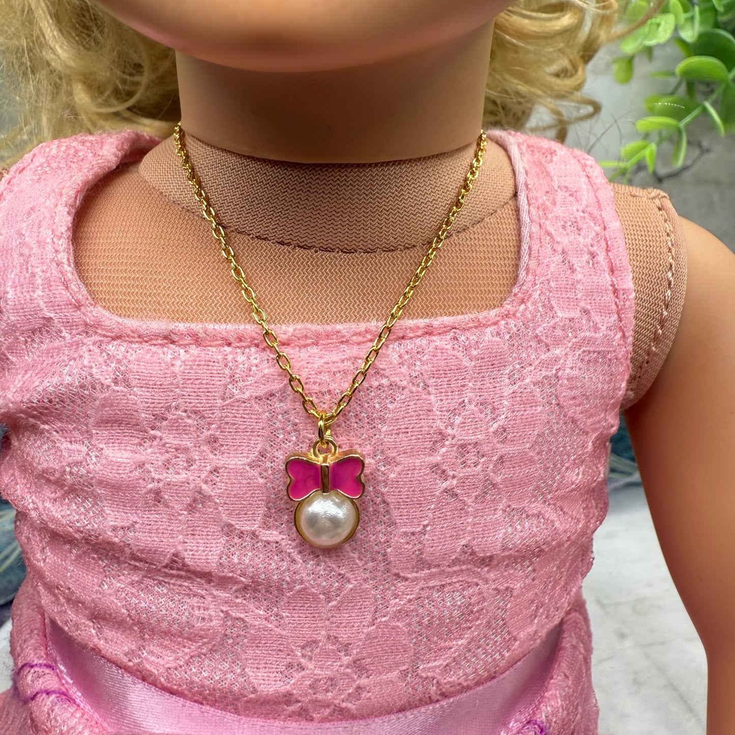 Pink Bow Pearl Charm Pendant Gold Doll Necklace • 18 Inch Fashion Doll Jewelry