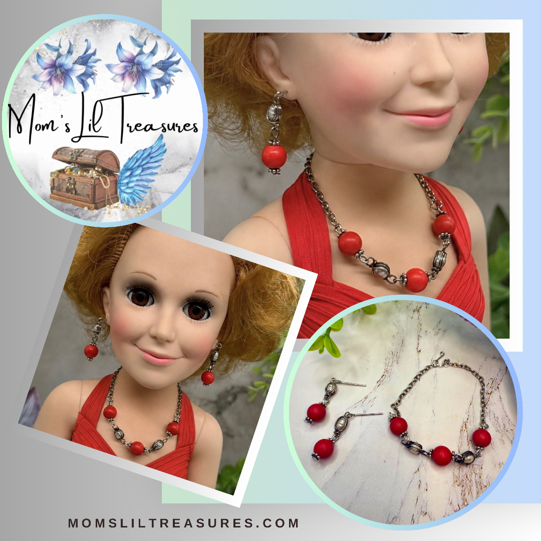 Candy Apple Red Pearl & Silver Doll Necklace & Earrings Set • 18 Inch Doll Jewelry