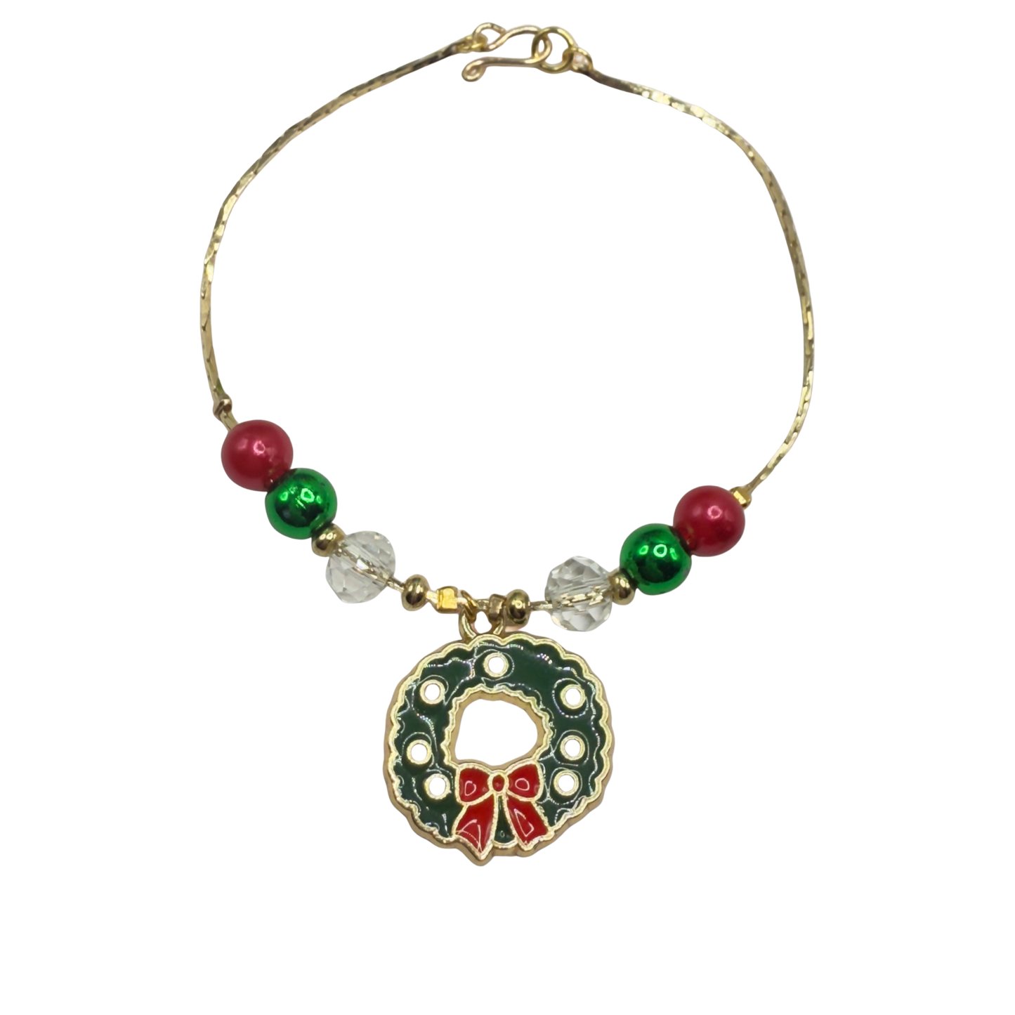 Christmas Wreath Charm Red Green Beaded Gold Doll Necklace • 18 Inch Fashion Doll Jewelry