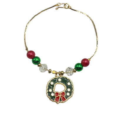 Christmas Wreath Charm Red Green Beaded Gold Doll Necklace • 18 Inch Fashion Doll Jewelry