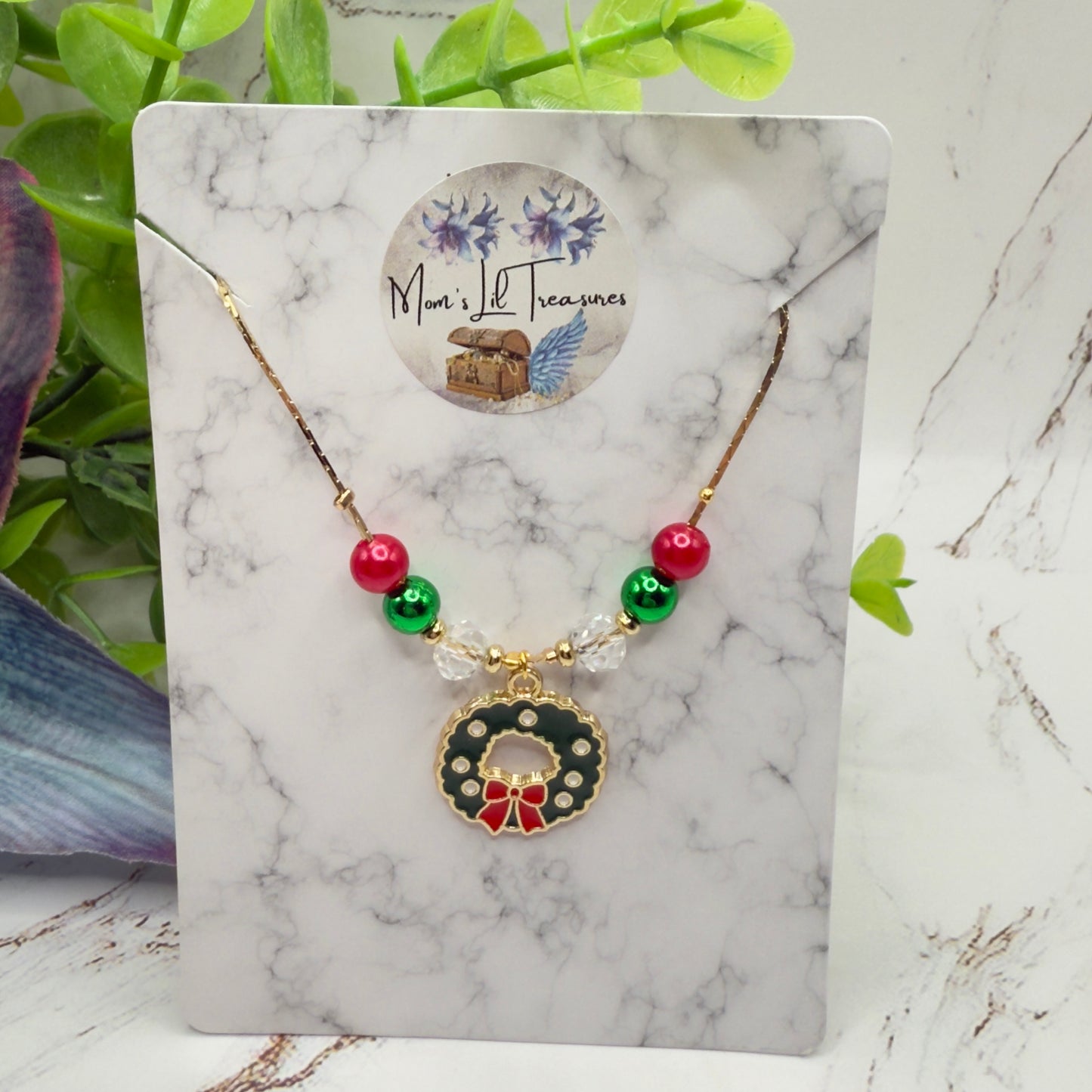 Christmas Wreath Charm Red Green Beaded Gold Doll Necklace • 18 Inch Fashion Doll Jewelry