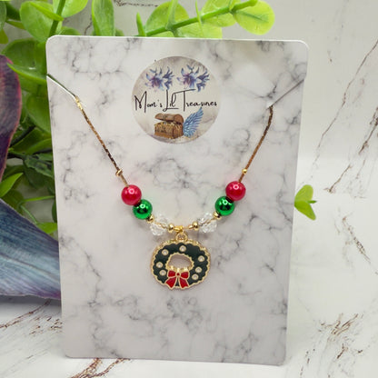 Christmas Wreath Charm Red Green Beaded Gold Doll Necklace • 18 Inch Fashion Doll Jewelry