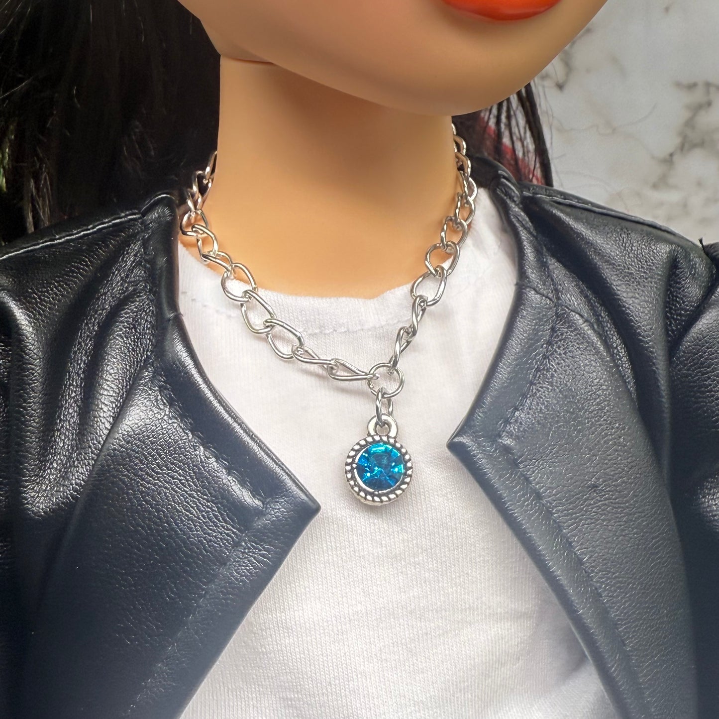 Round Turquoise Rhinestone Pendant Silver Link Doll Necklace • 18 Inch Fashion Doll Jewelry