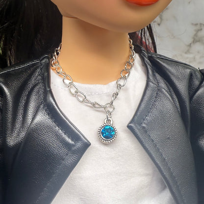 Round Turquoise Rhinestone Pendant Silver Link Doll Necklace • 18 Inch Fashion Doll Jewelry