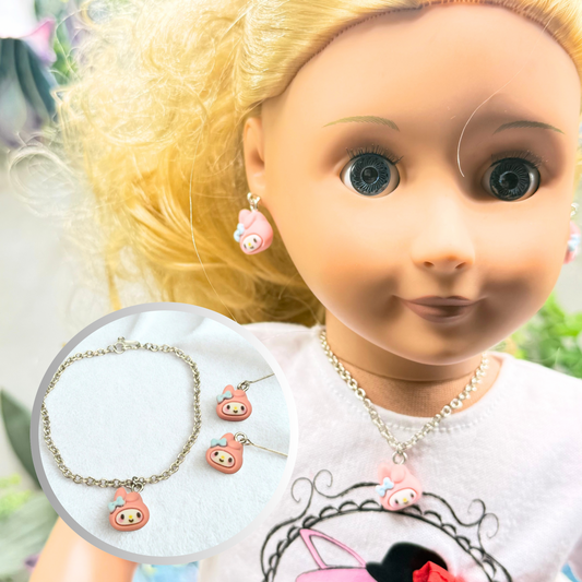 Pink Bunny Melody Sanrio Charm Doll
Necklace & Earrings • 18 Inch Fashion Doll Jewelry