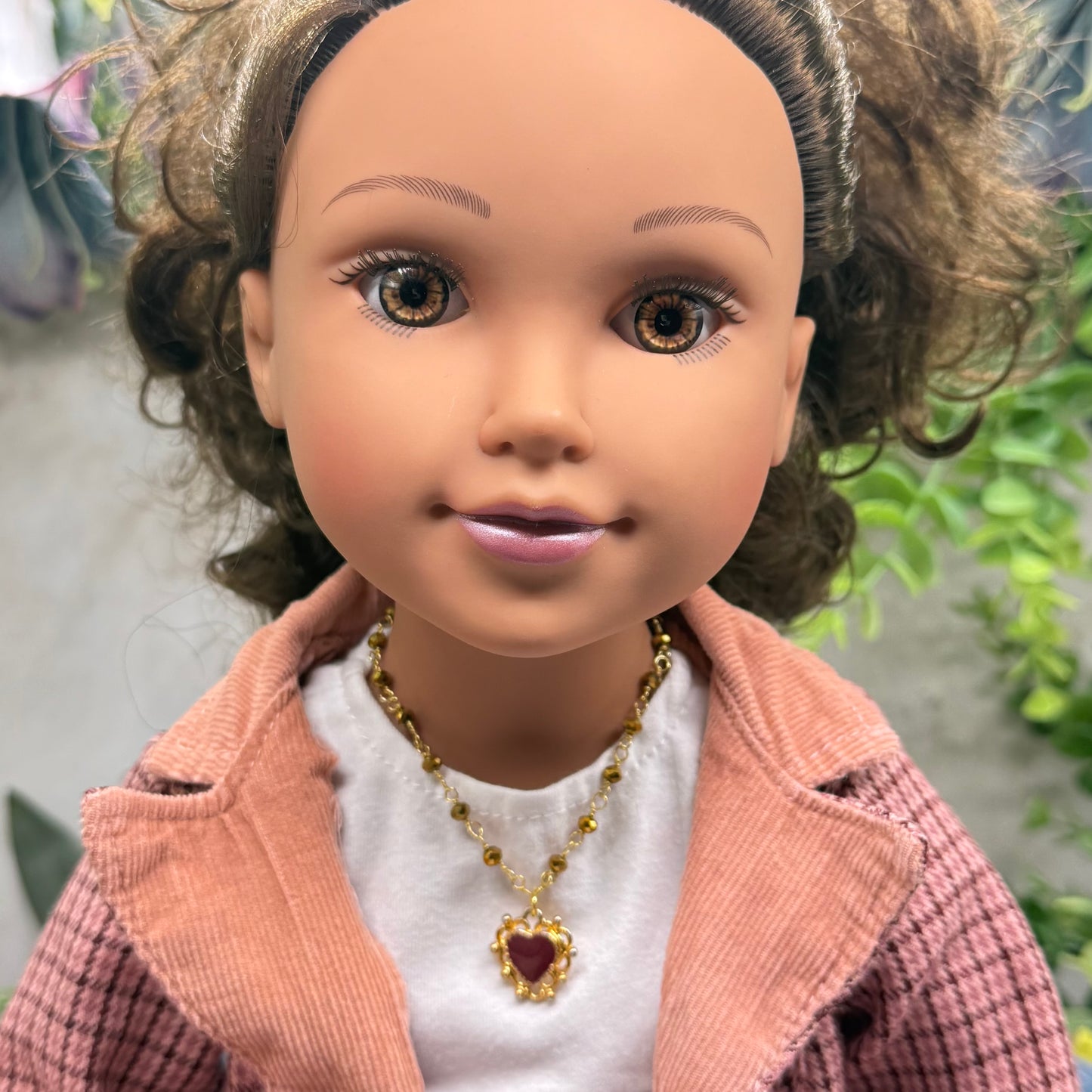 Gold Bronze Glass Crystal Beaded Maroon Red Heart Pendant Doll Necklace • 18 Inch Fashion Doll Jewelry