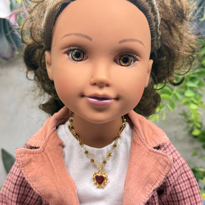 Gold Bronze Glass Crystal Beaded Maroon Red Heart Pendant Doll Necklace • 18 Inch Fashion Doll Jewelry