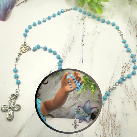 Light Blue Glass & Pearl Crystal Beaded Silver Cross • Doll Size Catholic Rosary