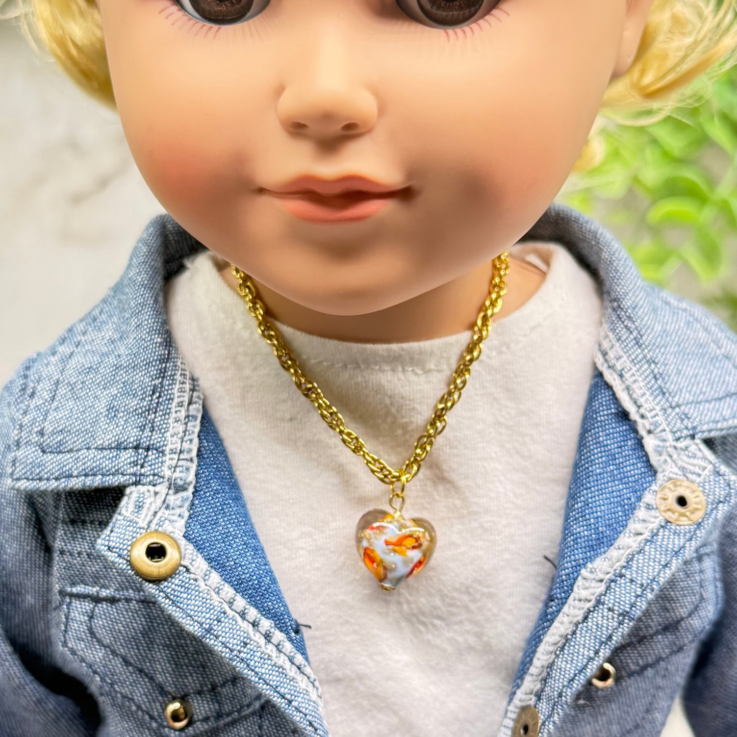 Orange Blue White Swirl Glass Heart Pendant Gold Chain Doll Necklace • 18 Inch Fashion Doll Jewelry