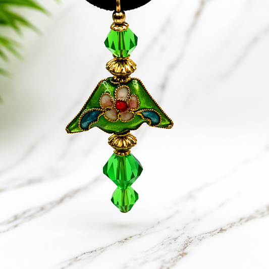 Fashion Green Crystal & Cloisonné Gold Tone Dangle Earrings - Post- Handmade