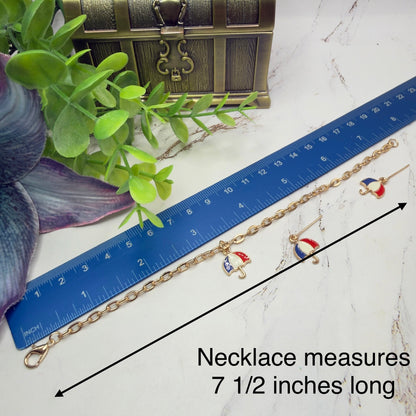 Red White Blue Patriotic Umbrella Charm Doll Necklace & Earrings for 18 Inch Fashion Doll
