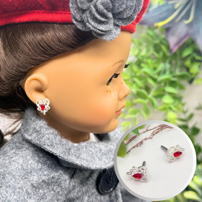 Red Rhinestone Silver Filigree Heart Post Doll Earrings • 2mm and Post for 18 Inch Fashion Doll