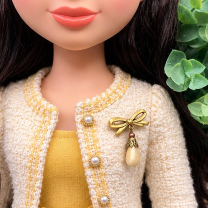 Tan Beige Glass Teardrop Pendant with Gold Tone Bow Pin • Doll Brooch