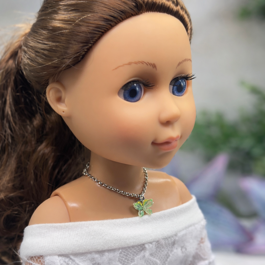 Green Yellow Butterfly Charm Silver Doll Necklace • 14 Inch Fashion Doll Jewelry